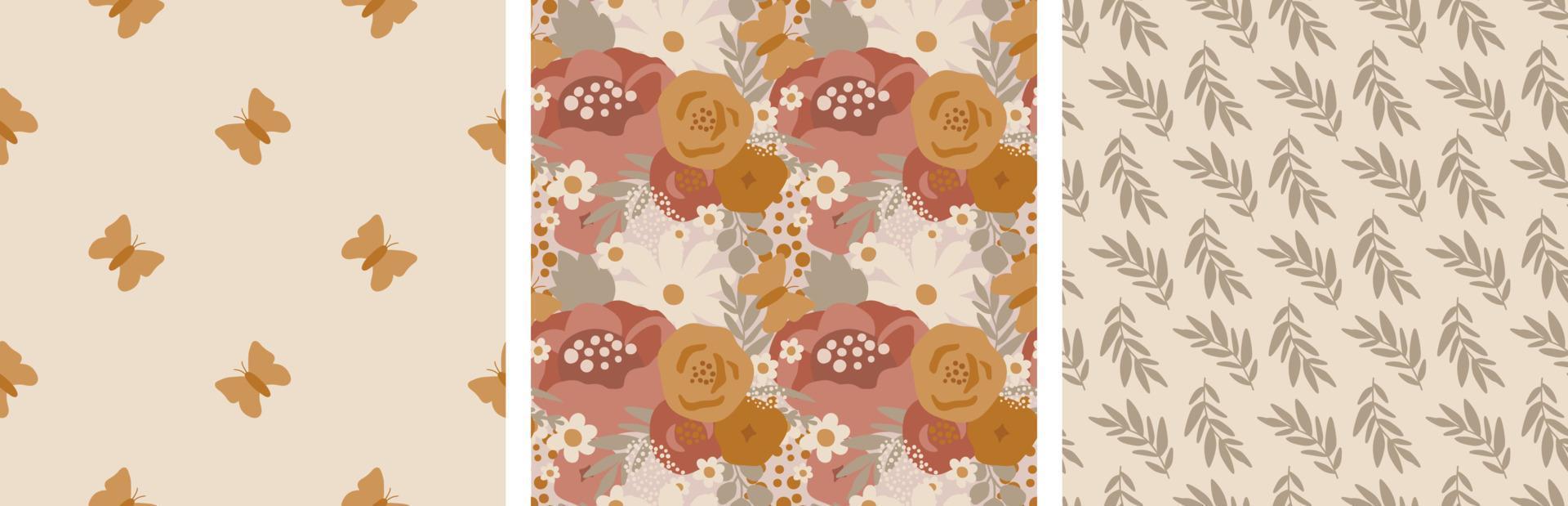 boho pioen patroon set, boho zomer bloemen achtergrond verzameling in aarde toon. pastel boho bloemen zomer afdrukken. groot pioen illustratie, vlinder bladeren, fabriek herhaald afdrukken natuur behang vector