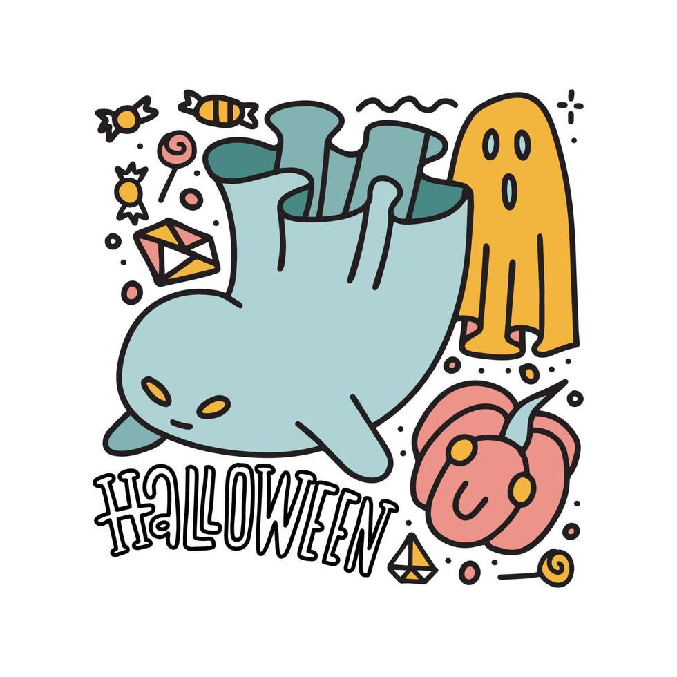 halloween schattig vliegend grosts en pompoen lijn stijl kleur illustratie. vector hand- getrokken grappig halloween spookt met belettering tekst vakantie geïsoleerd Aan wit voor afdrukken of ontwerp.