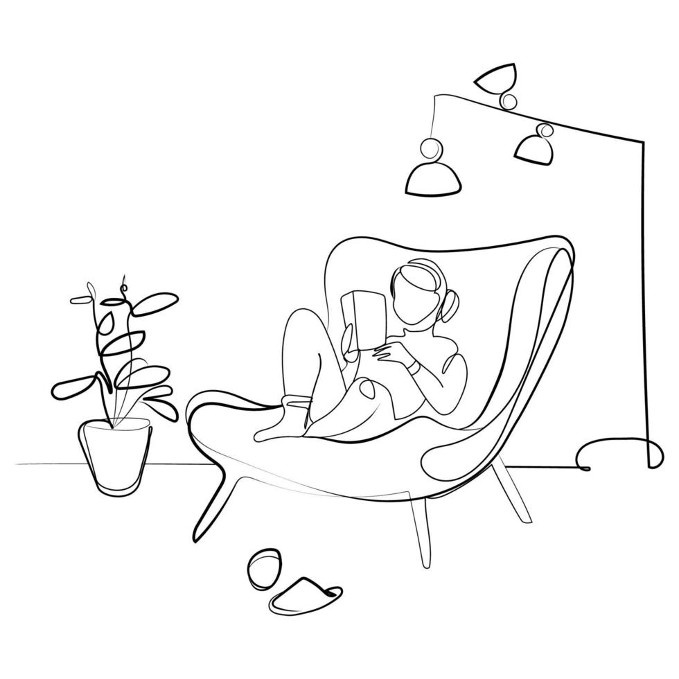 vrouw lezing een boek zittend in een comfortabel modern fauteuil Bij huis in een knus omgeving. lijn tekening, vector illustratie.lezen boeken Bij thuis.modern leven kamer interieur