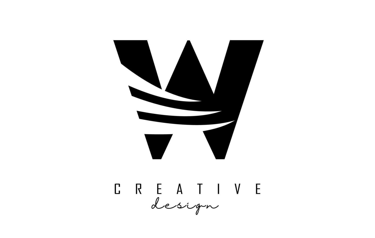 zwart brief w logo met leidend lijnen en negatief ruimte ontwerp. brief met meetkundig en creatief bezuinigingen concept. vector