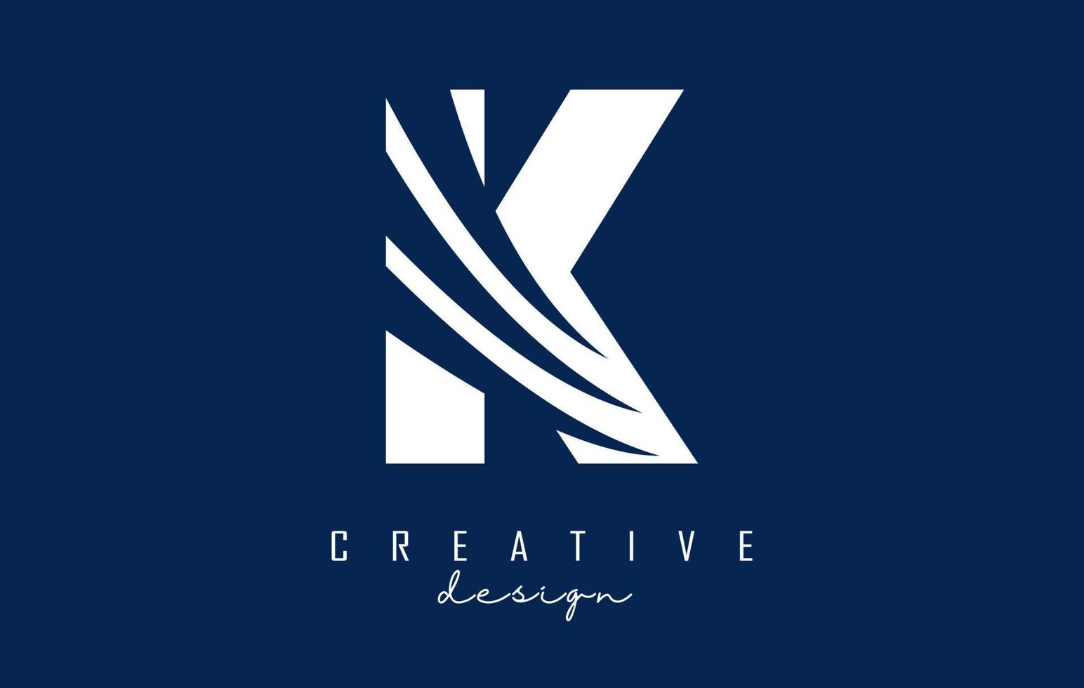 wit brief k logo met leidend lijnen en negatief ruimte ontwerp. brief met meetkundig en creatief bezuinigingen concept. vector