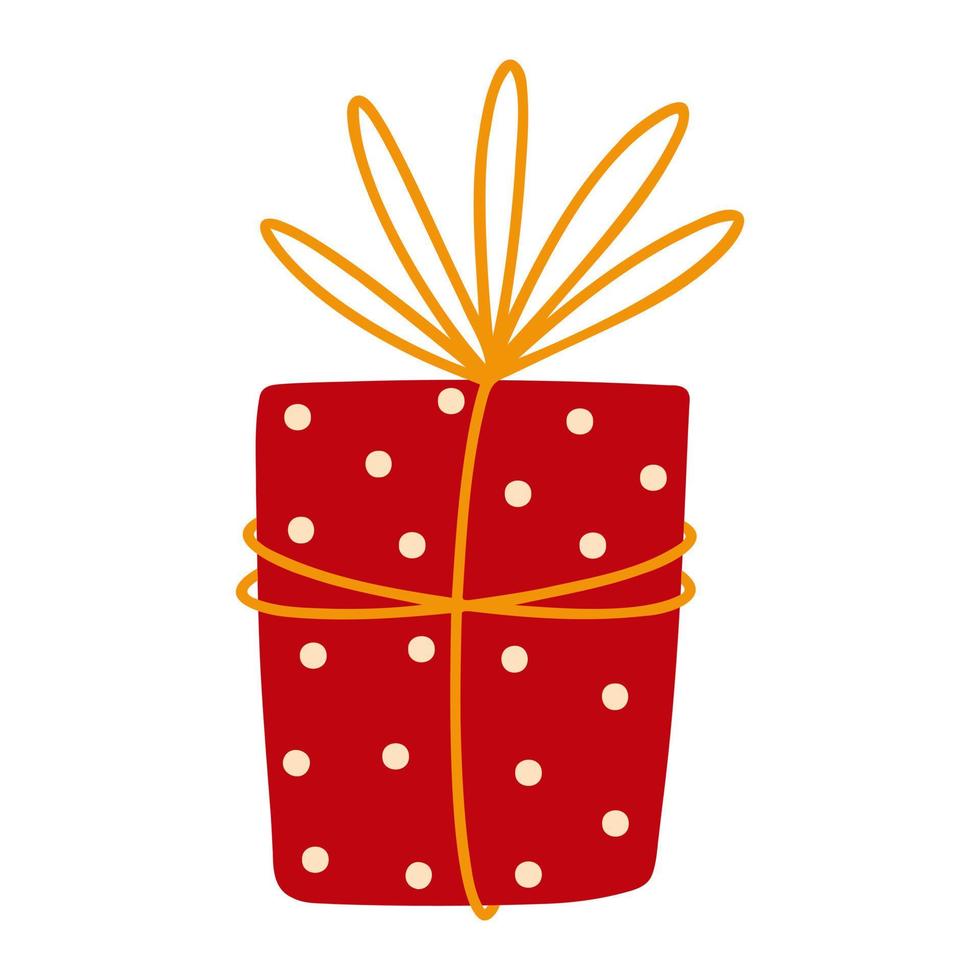 verrassing rood geschenk doos vector icoon. Cadeau voor kerstmis, verjaardag, vakantie. polka punt verpakking verpakt met goud lintje. vlak tekenfilm clip art geïsoleerd Aan wit. illustratie voor kaarten, afdrukken, logo