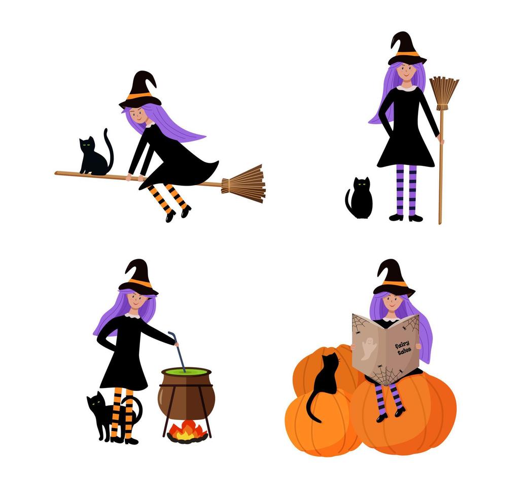 een reeks van percelen van een weinig heks met een zwart kat. vector illustratie van halloween, een meisje in een heks kostuum zit Aan een pompoen, vliegt Aan een bezem, kookt een toverdrank in een ketel.