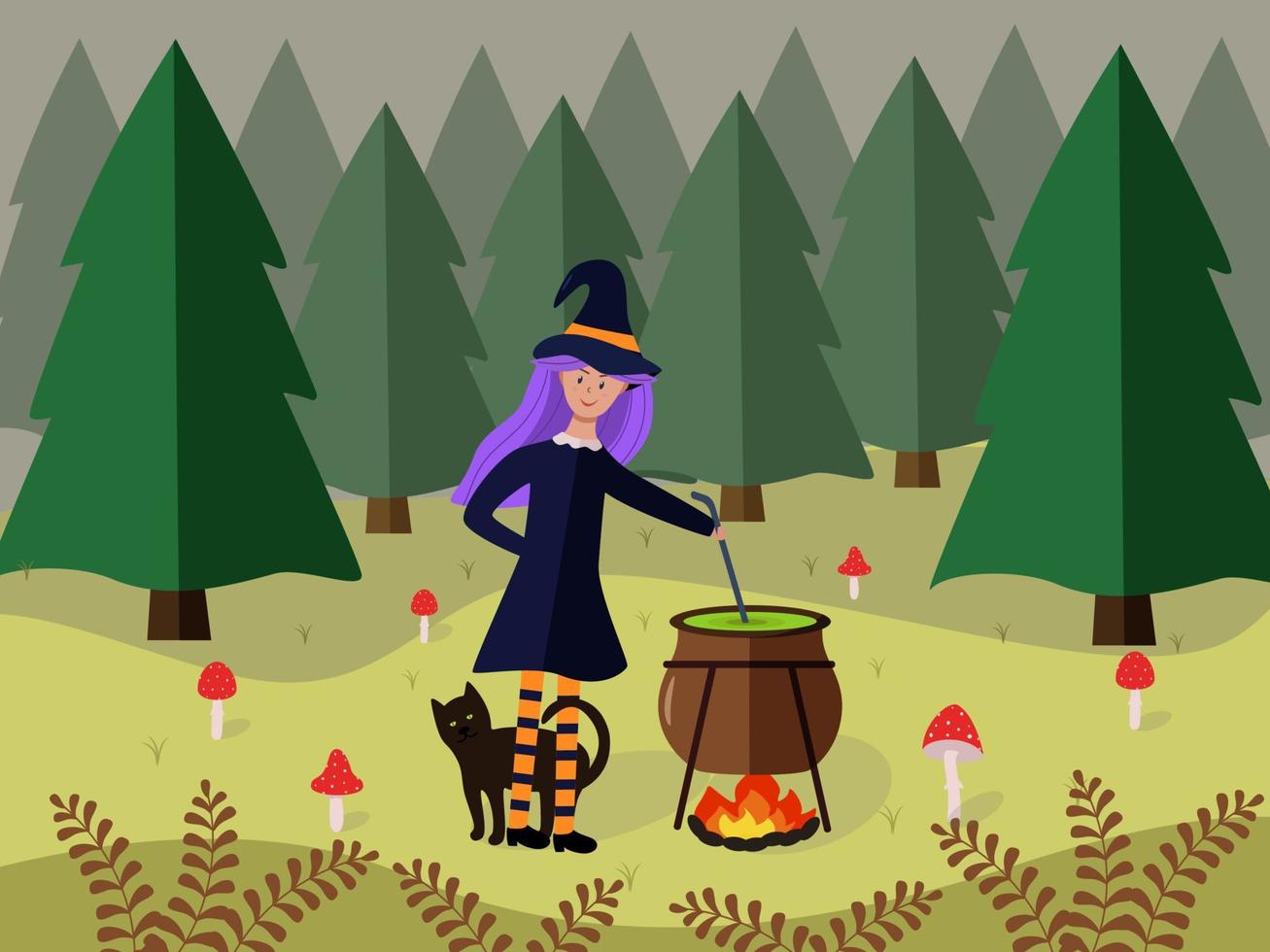 een meisje in een heks kostuum kookt een toverdrank in een ketel over- een brand. tekenfilm tafereel voor halloween. vector illustratie van een Woud met Spar bomen, een opruimen