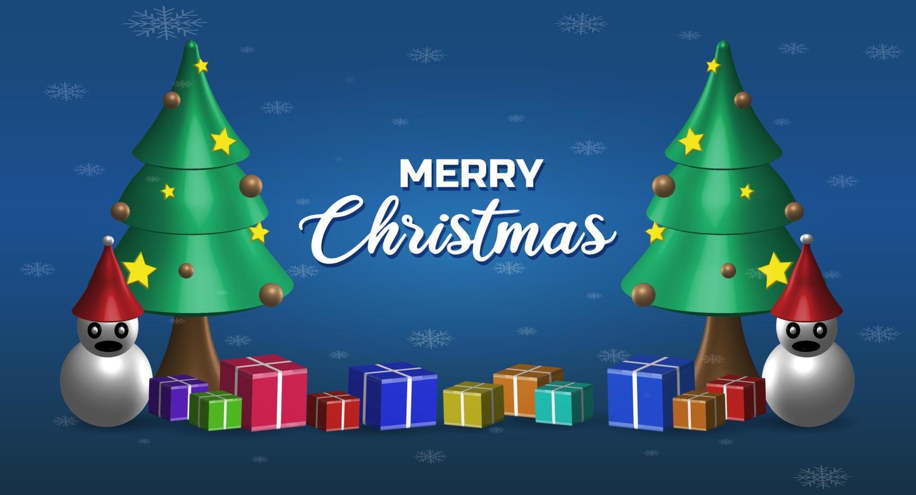vrolijk Kerstmis achtergrond. groen Kerstmis boom met overladen decoratie, sneeuwman, geschenk doos en sneeuwval, realistisch 3d vector decoratief
