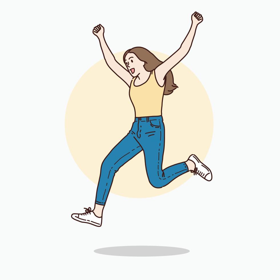 een vrouw viert jumping met Super goed vreugde, vector ontwerp en illustratie.