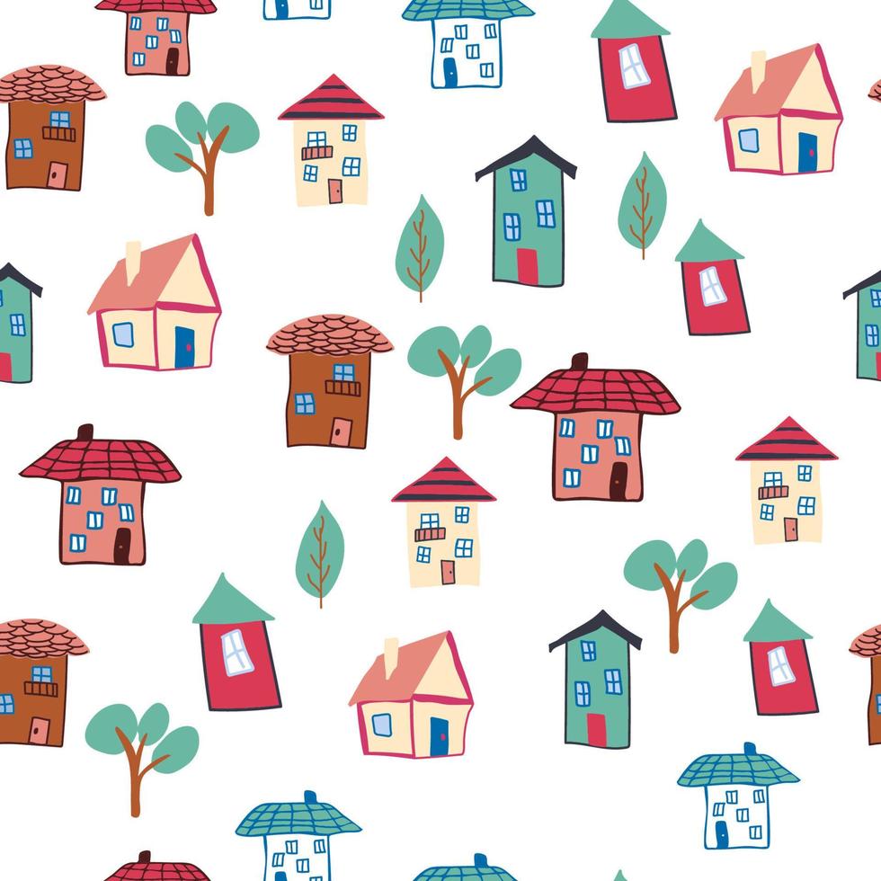 patroon naadloos kinderen met huis tekening kleur element. huis patroon, schattig kleurrijk huizen, grappig kinderen decor. vector