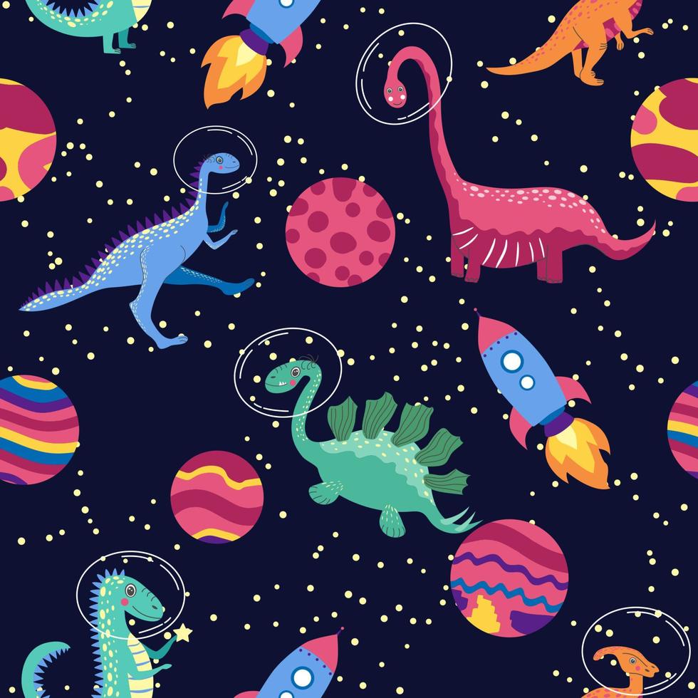 dino in ruimte naadloos patroon. schattig draak karakters, dinosaurus op reis heelal met sterren, planeten. kinderen tekenfilm achtergrond. illustratie van astronaut draak, kinderen omhulsel met kosmisch dino vector