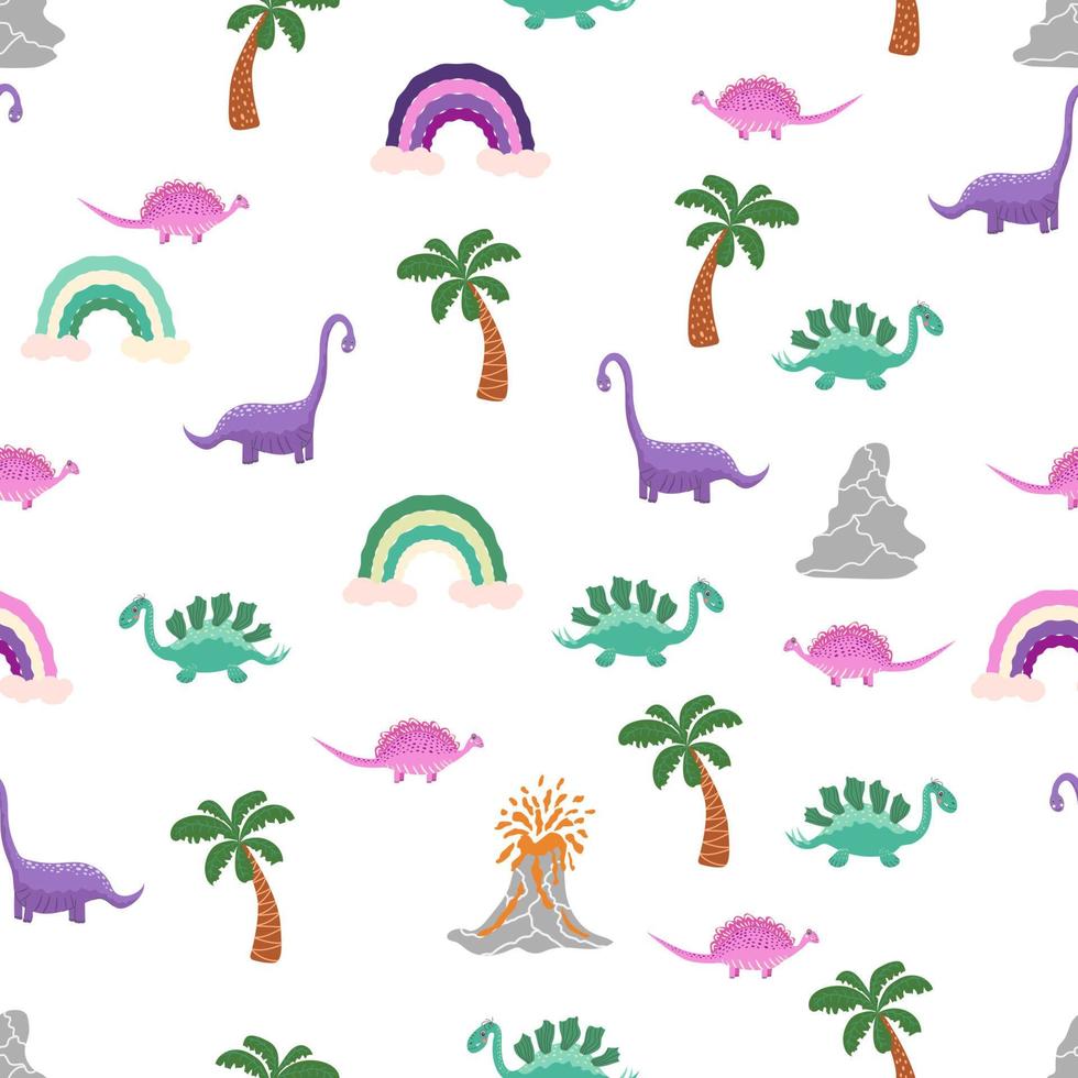 hand- getrokken schattig dinosaurussen naadloos patroon. kinderen patroon met dino's, regenbogen, wolken, sterren, polka dots vector