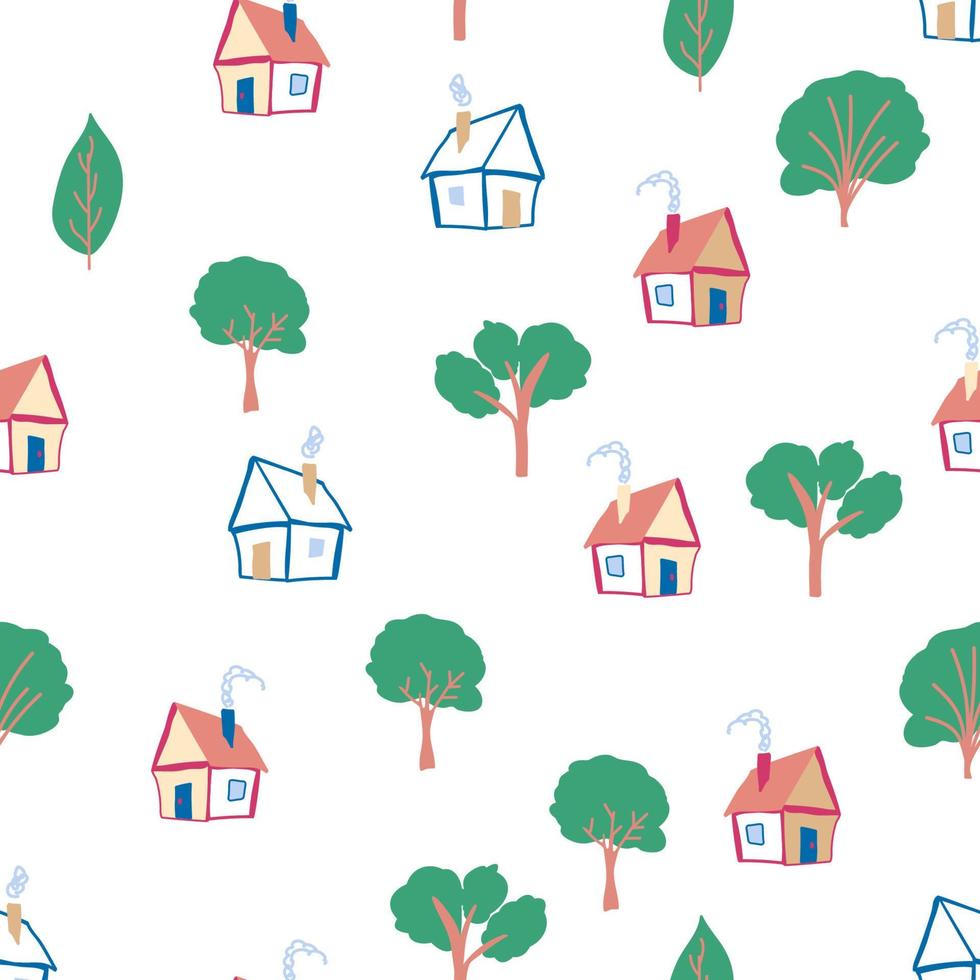 patroon naadloos kinderen met huis tekening kleur element. huis patroon, schattig kleurrijk huizen, grappig kinderen decor. vector