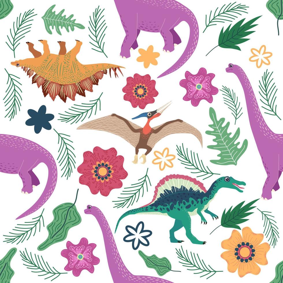 tekening dinosaurus patroon. naadloos textiel draak afdrukken, modieus kinderachtig kleding stof achtergrond, tekenfilm dinosaurussen. vector