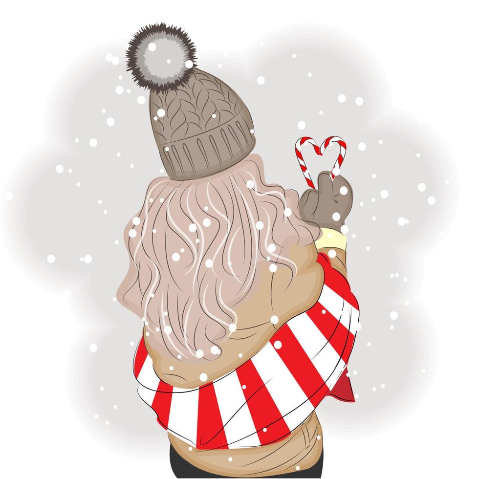 Kerstmis meisje in winter kleren en snoep, mode vector illustratie