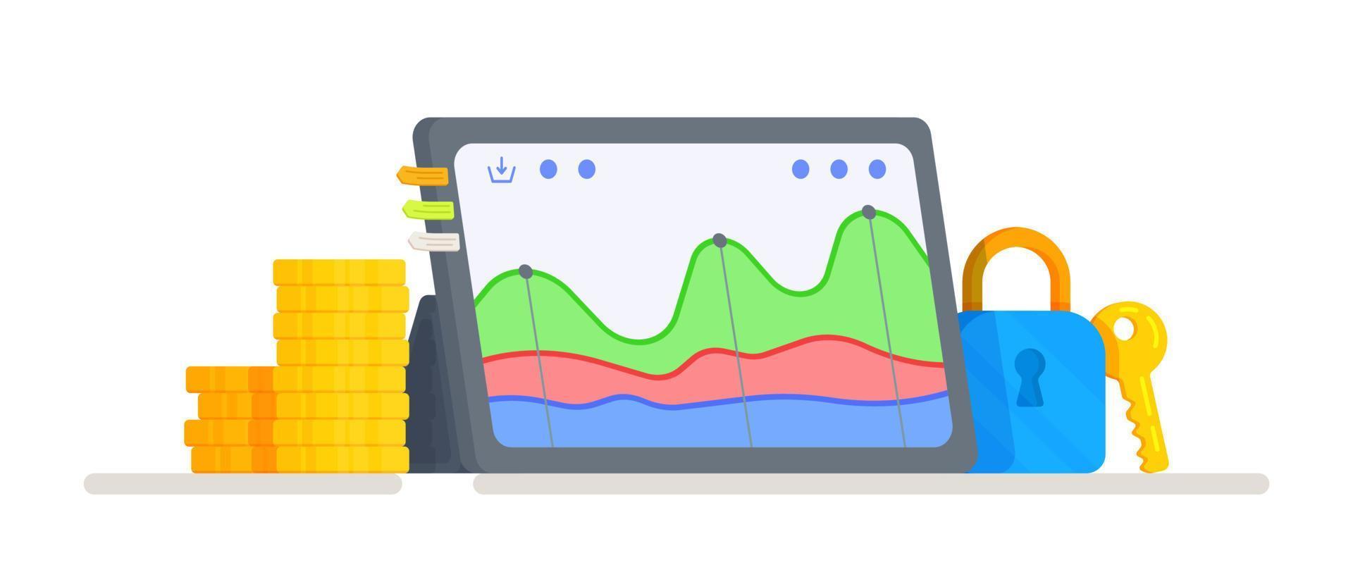 vector illustratie van tablet handel. uitgeven diagram voor de laatste maand.