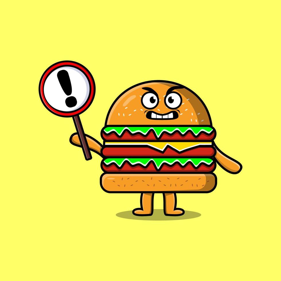 schattig tekenfilm hamburger met uitroep teken bord vector