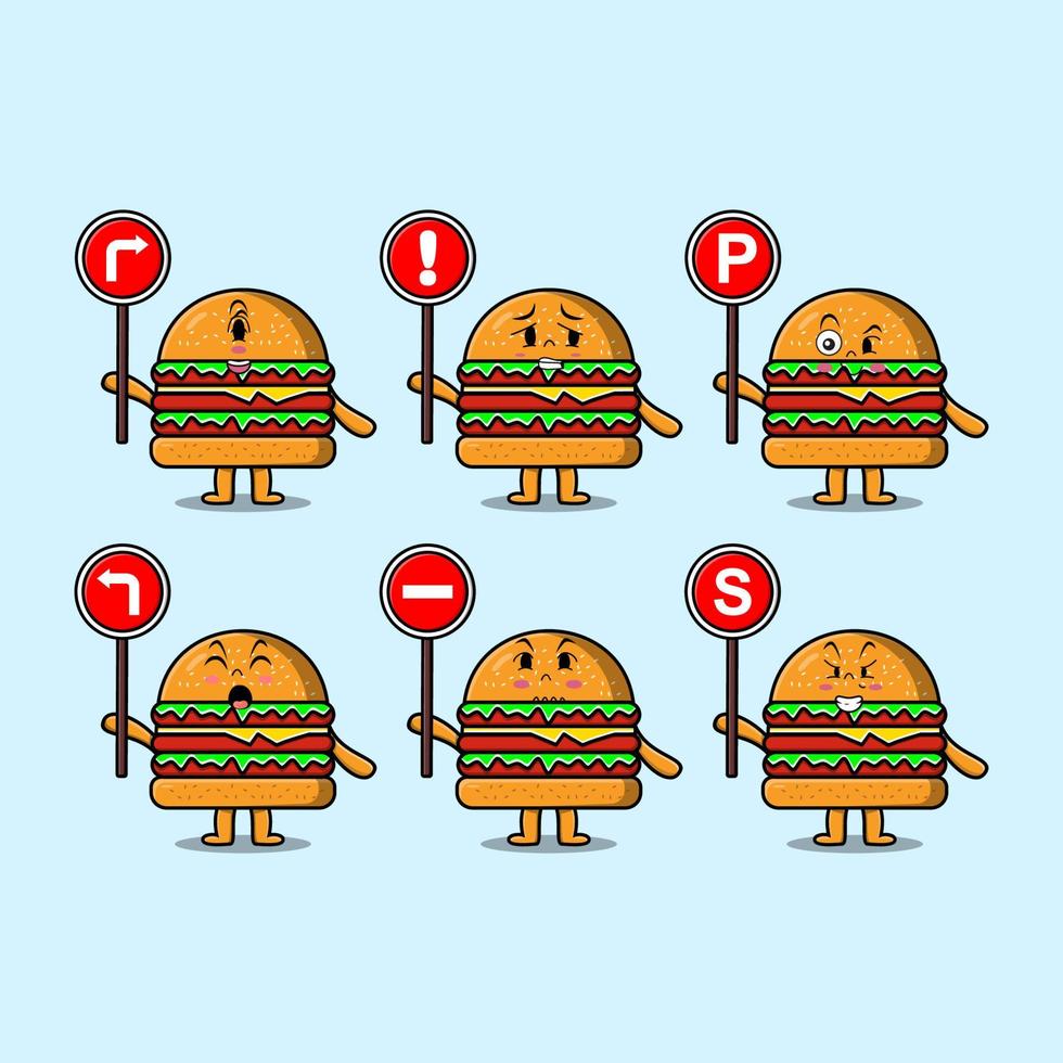 hamburger tekenfilm karakter Holding verkeer teken vector