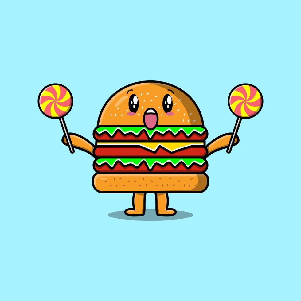 schattig tekenfilm hamburger karakter houden lolly snoep vector