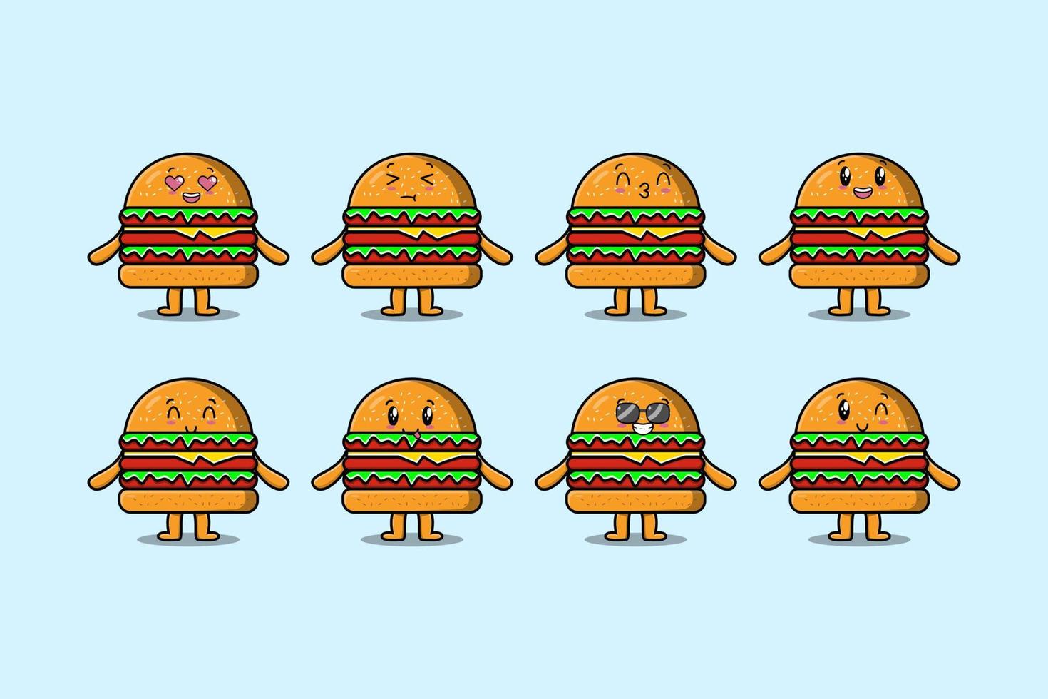 reeks kawaii hamburger tekenfilm met uitdrukkingen vector