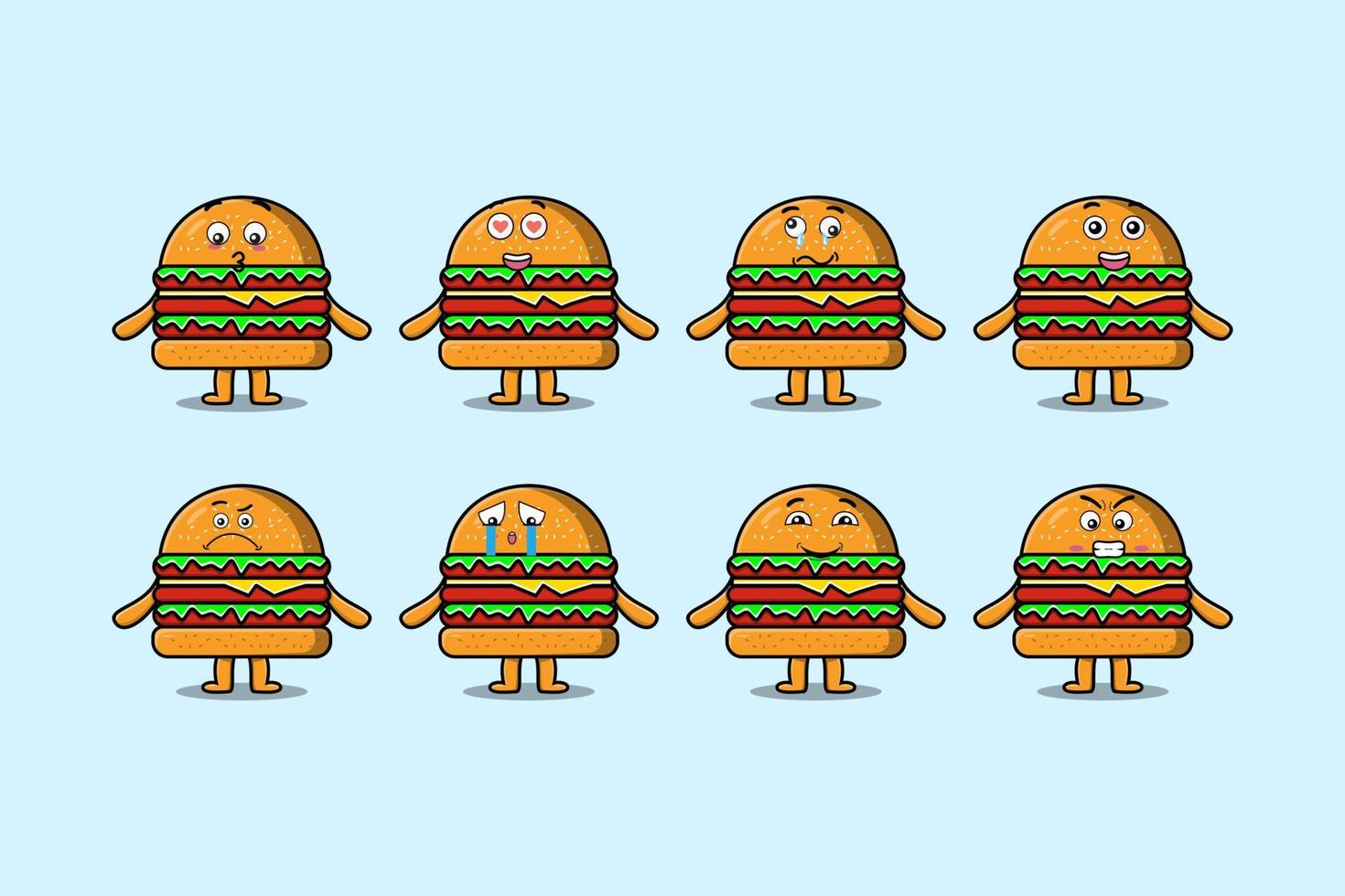 reeks kawaii hamburger tekenfilm met uitdrukkingen vector
