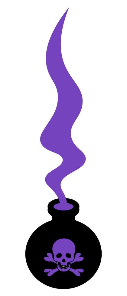 vergiftigen fles. silhouet. magie Purper dampen komen uit van de bubbel. de embleem Aan de fles is schedel en botten. vector illustratie. een wonderbaarlijk drankje. heks toverdrank in een fles.