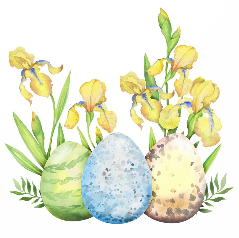 Pasen bloemen samenstelling met geel iris bloemen, takken, bladeren en eieren. boeket van bloemen, waterverf illustratie. vector