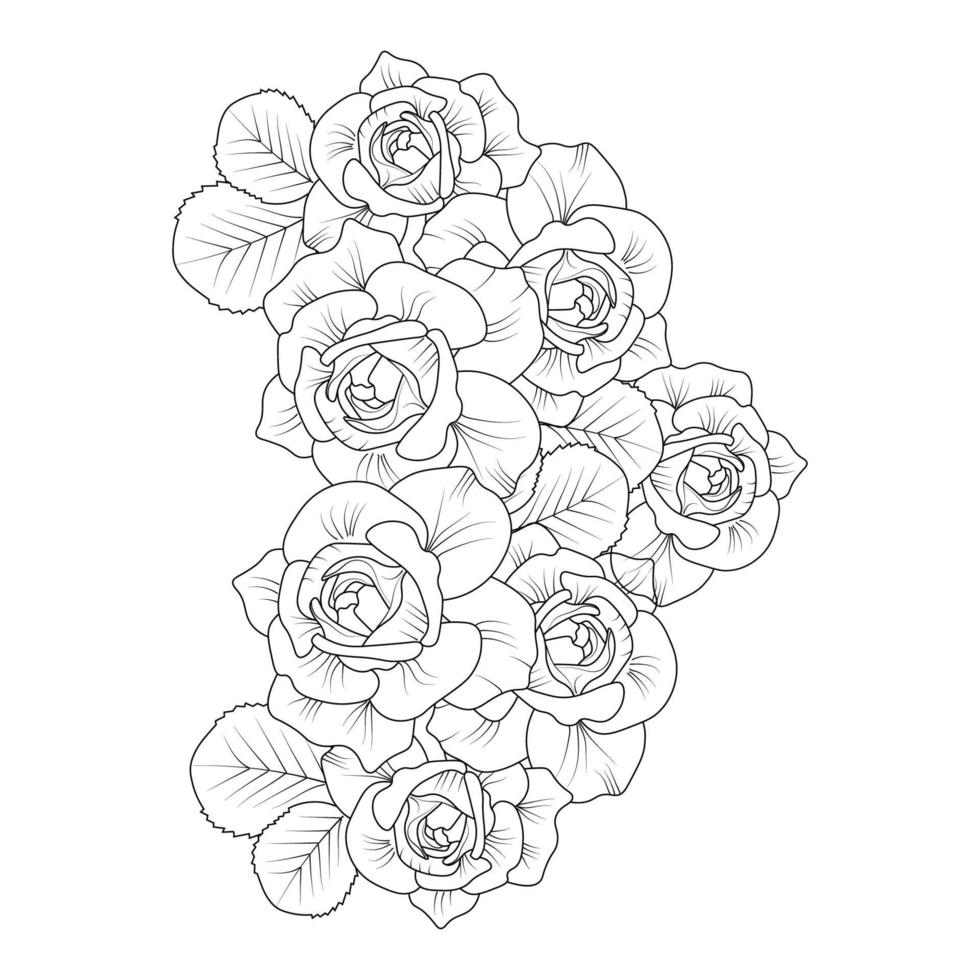 roos bloem vector illustratie met roos boeket bloeiend bloemblad voor volwassen kleur bladzijde