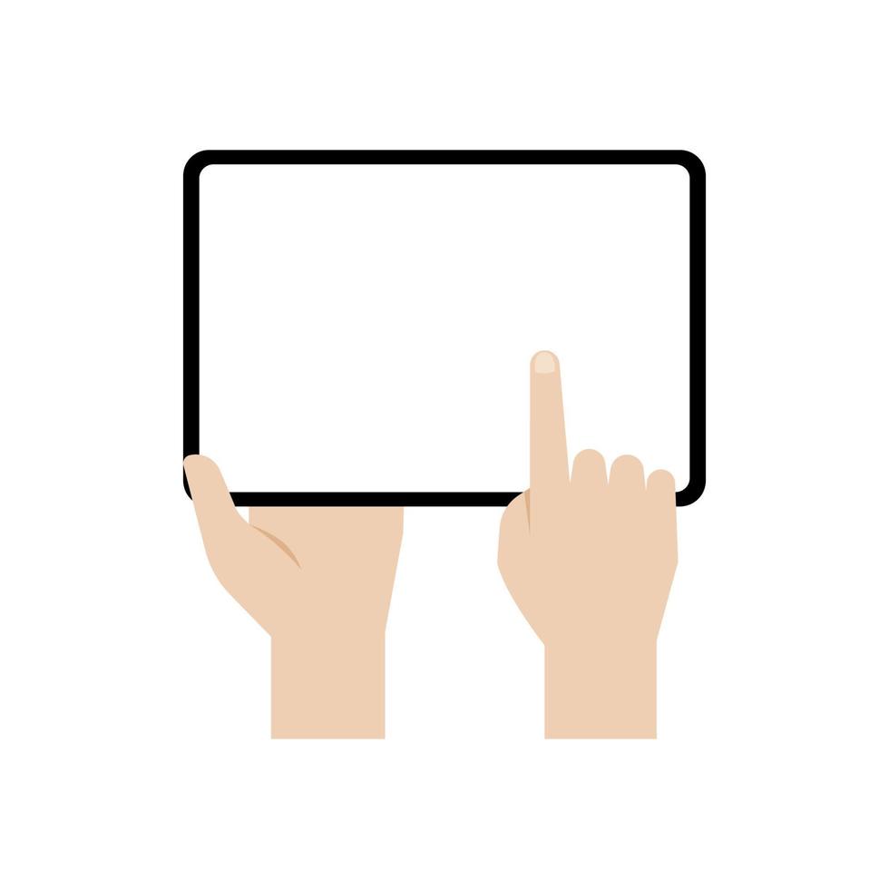 hand- Holding een groot scherm tablet en tintje Aan scherm, vector. vector