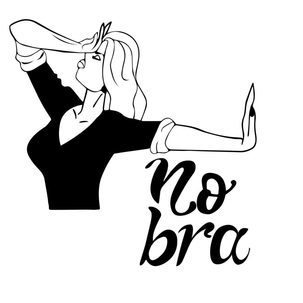 meisje met haar- covers haar gezicht met haar hand, stopt vervelend beha. Nee beha Internationale dag. concept van vrijheid, feminisme, bodypositive vector