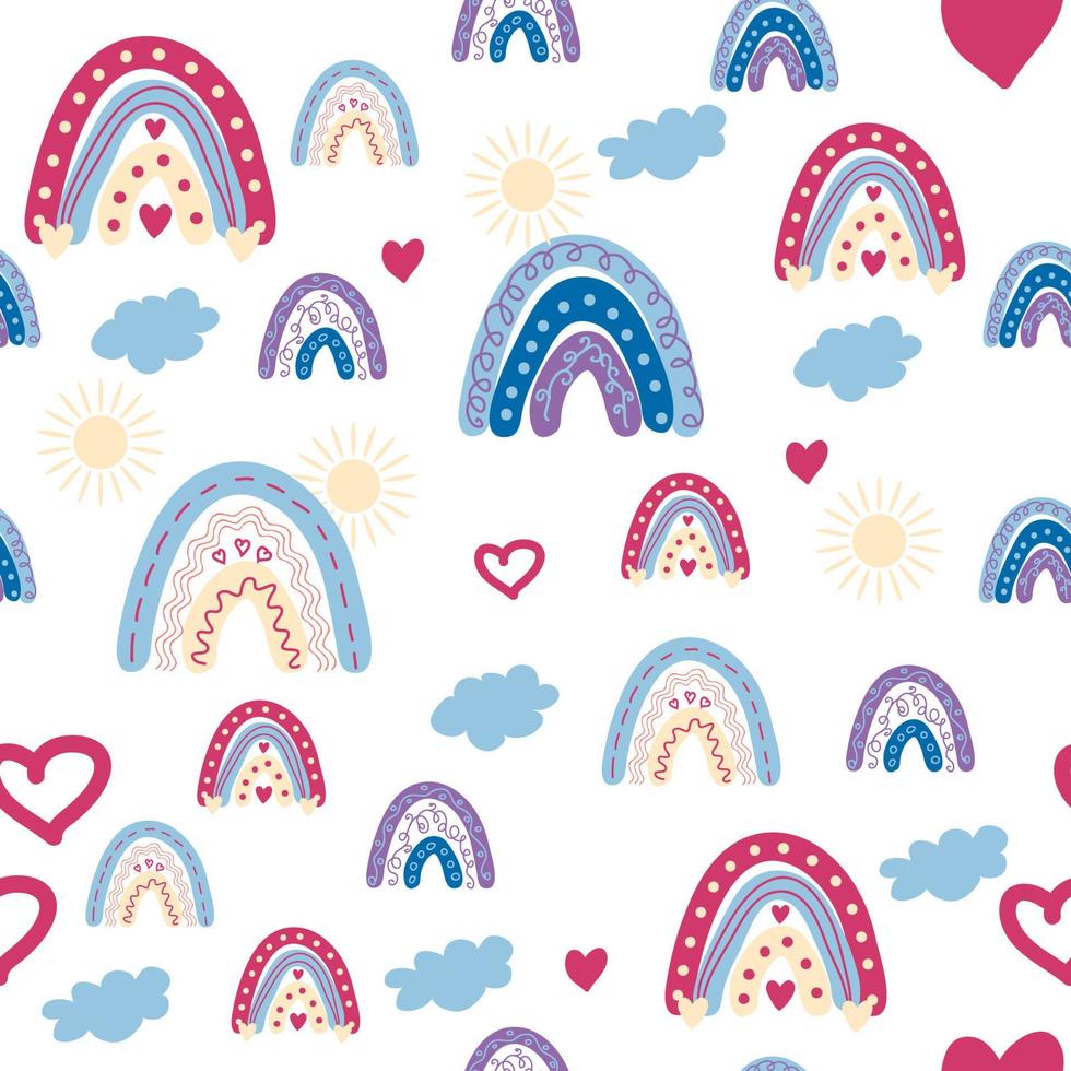 regenboog naadloos patroon in pastel kleuren. Scandinavisch baby hand- getrokken illustratie voor textiel en pasgeboren kleren. vector