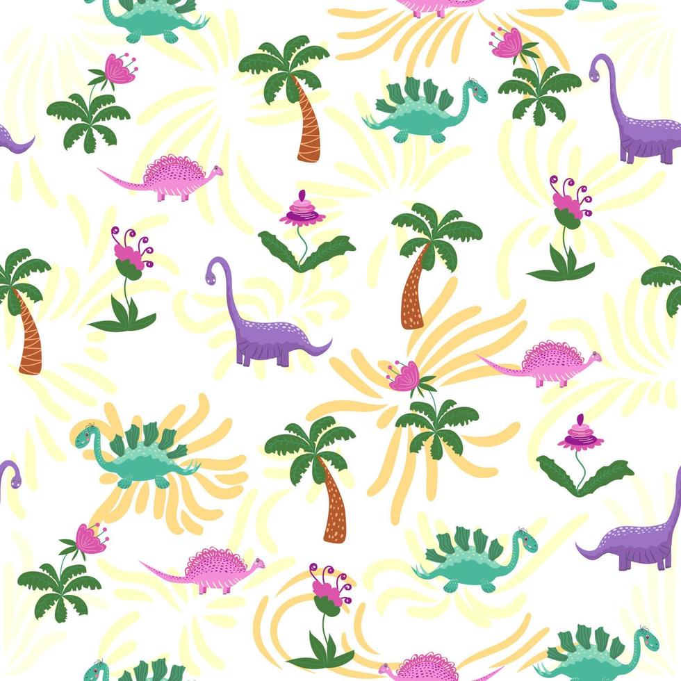 hand- getrokken schattig dinosaurussen naadloos patroon. kinderen patroon met dino's, regenbogen, wolken, sterren, polka dots vector