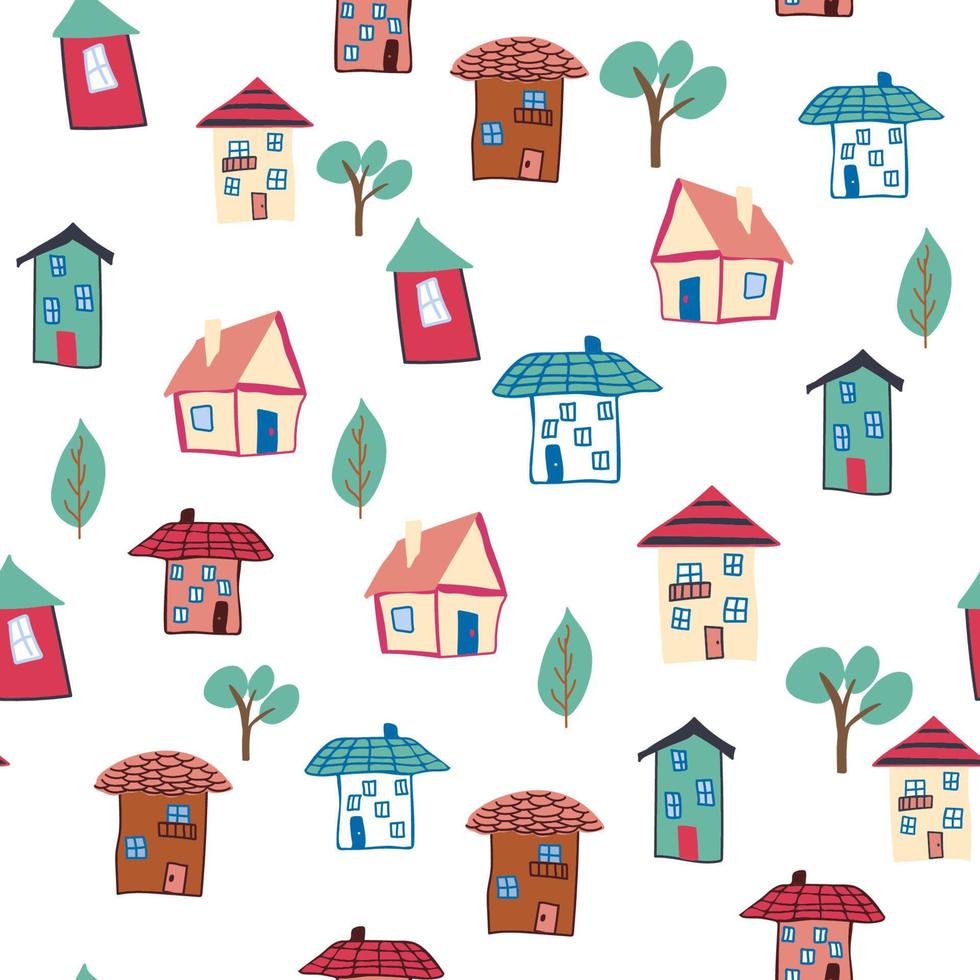 patroon naadloos kinderen met huis tekening kleur element. huis patroon, schattig kleurrijk huizen, grappig kinderen decor. vector