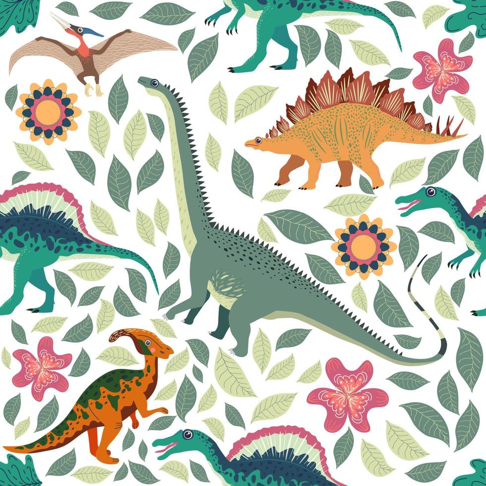 tekening dinosaurus patroon. naadloos textiel draak afdrukken, modieus kinderachtig kleding stof achtergrond, tekenfilm dinosaurussen. vector