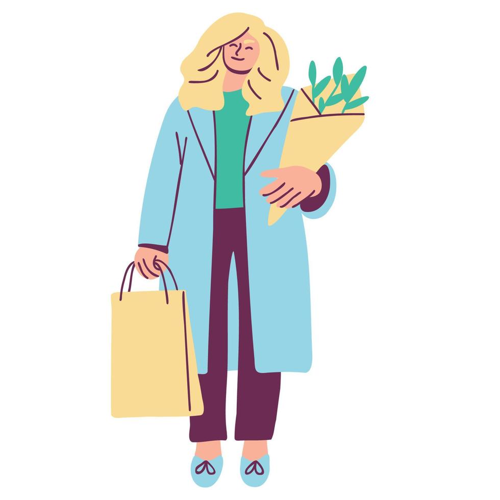 vrouw karakter Holding bloemen en boodschappen doen Tassen. stedelijk levensstijl. hand- getrokken vlak vector illustratie