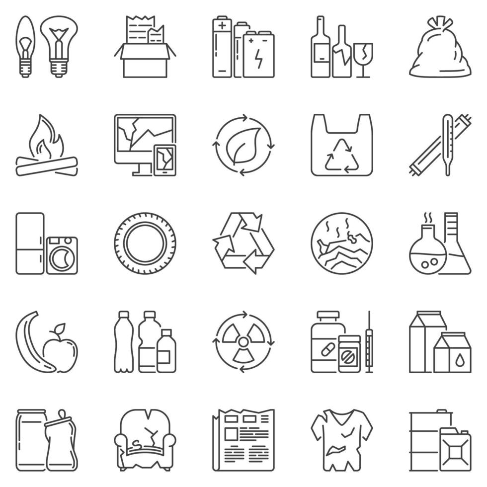 vuilnis types schets pictogrammen reeks - verspilling sorteren vector symbolen
