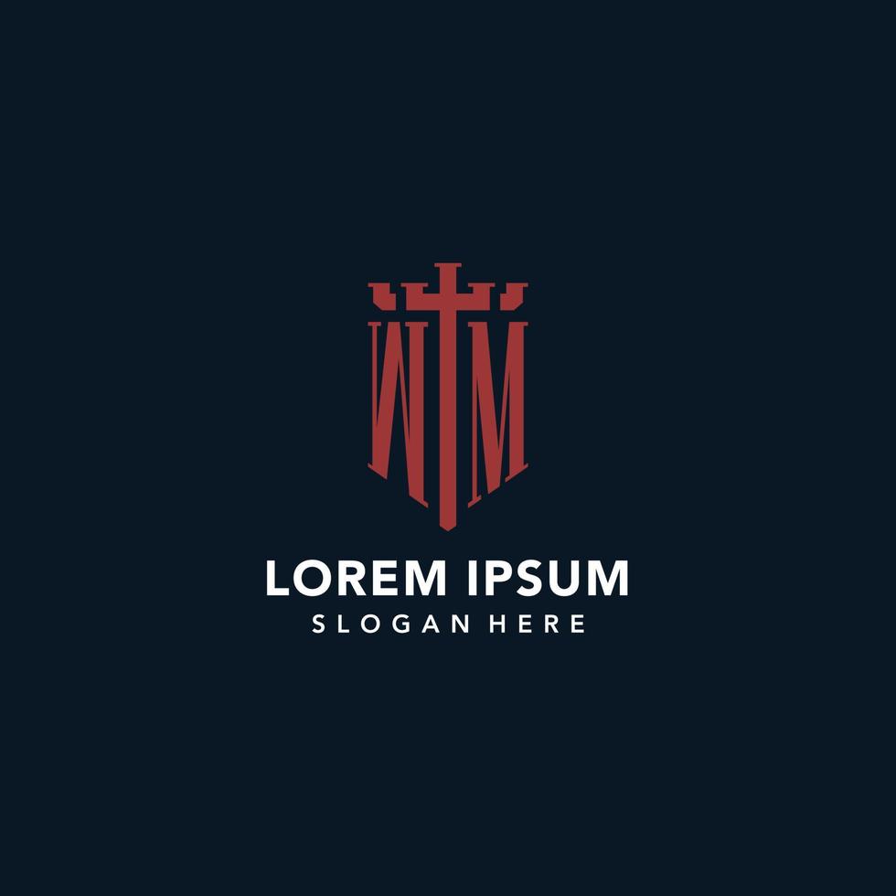 wm eerste monogram logos met zwaard en schild vorm ontwerp vector