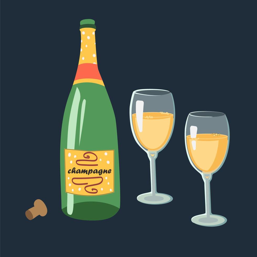 Champagne fles en bril. tekenfilm vlak stijl. vector illustratie