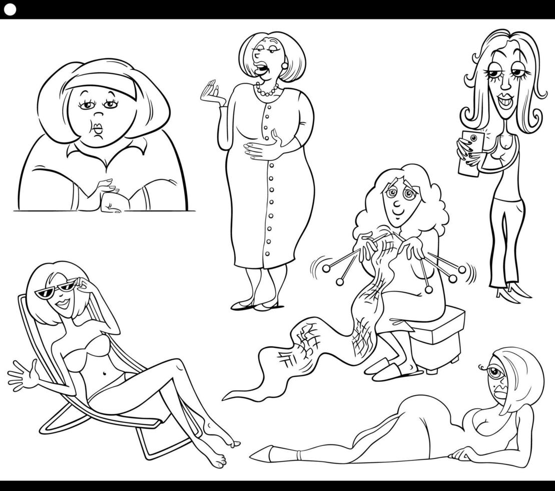 cartoon vrouw stripfiguren set kleurboek pagina vector