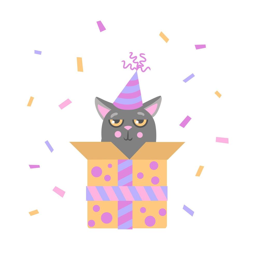 een grijs kat in een verjaardag pet zit in een geschenk doos. ansichtkaart, poster. vector