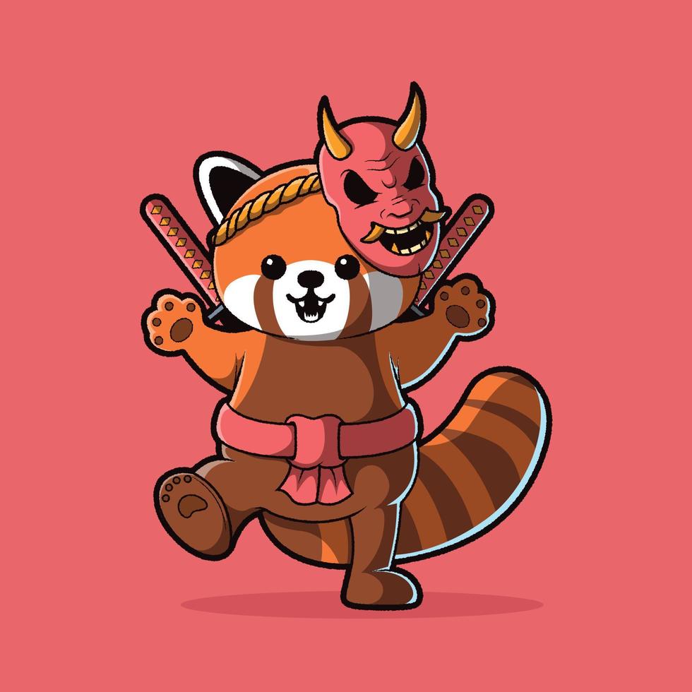 schattig rood panda net zo een samurai vector illustratie. dier, grappig, mascotte ontwerp concept.