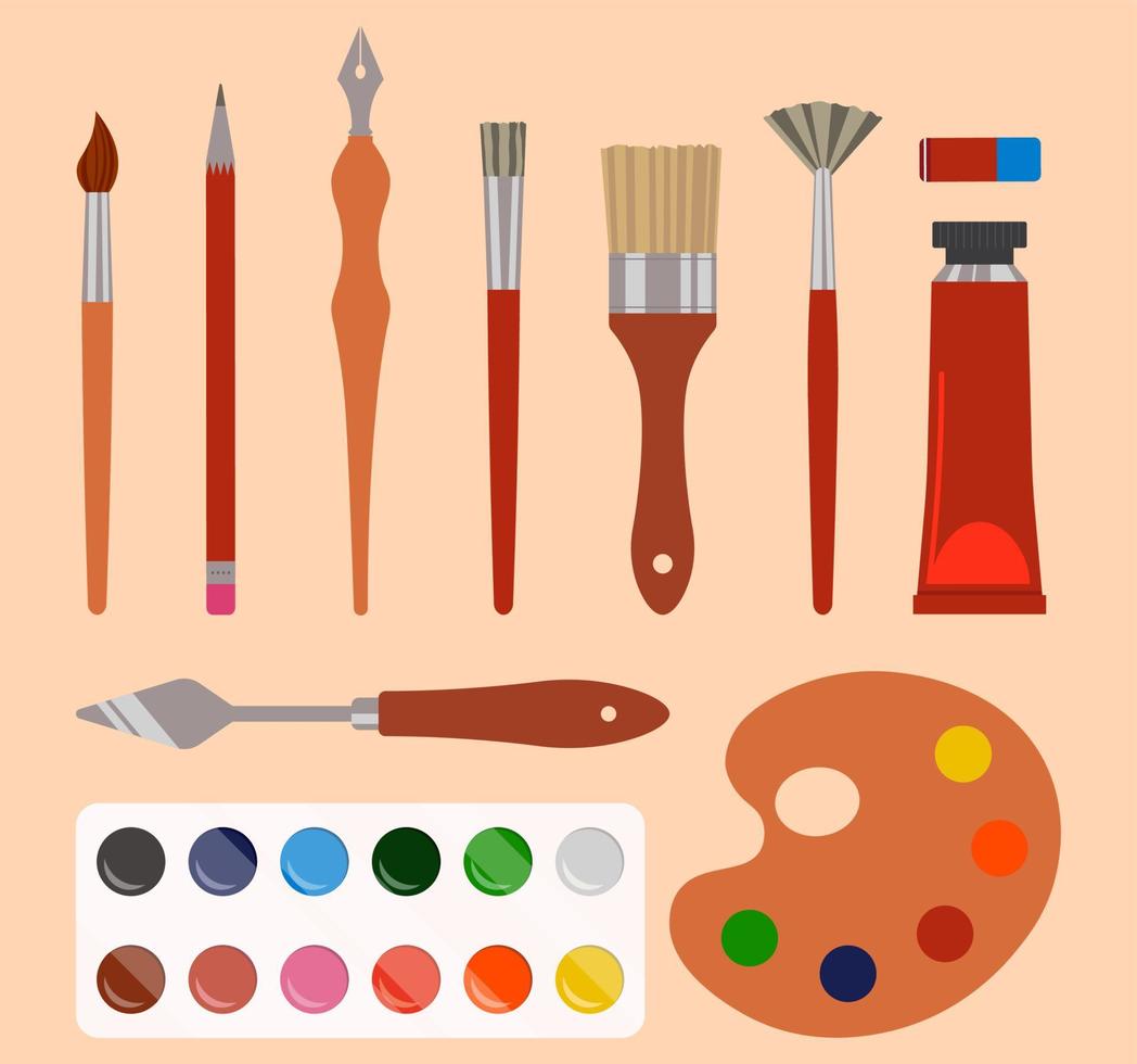 artiest schilderij hulpmiddelen. reeks van borstels en palet mes voor tekening vector illustratie vlak stijl