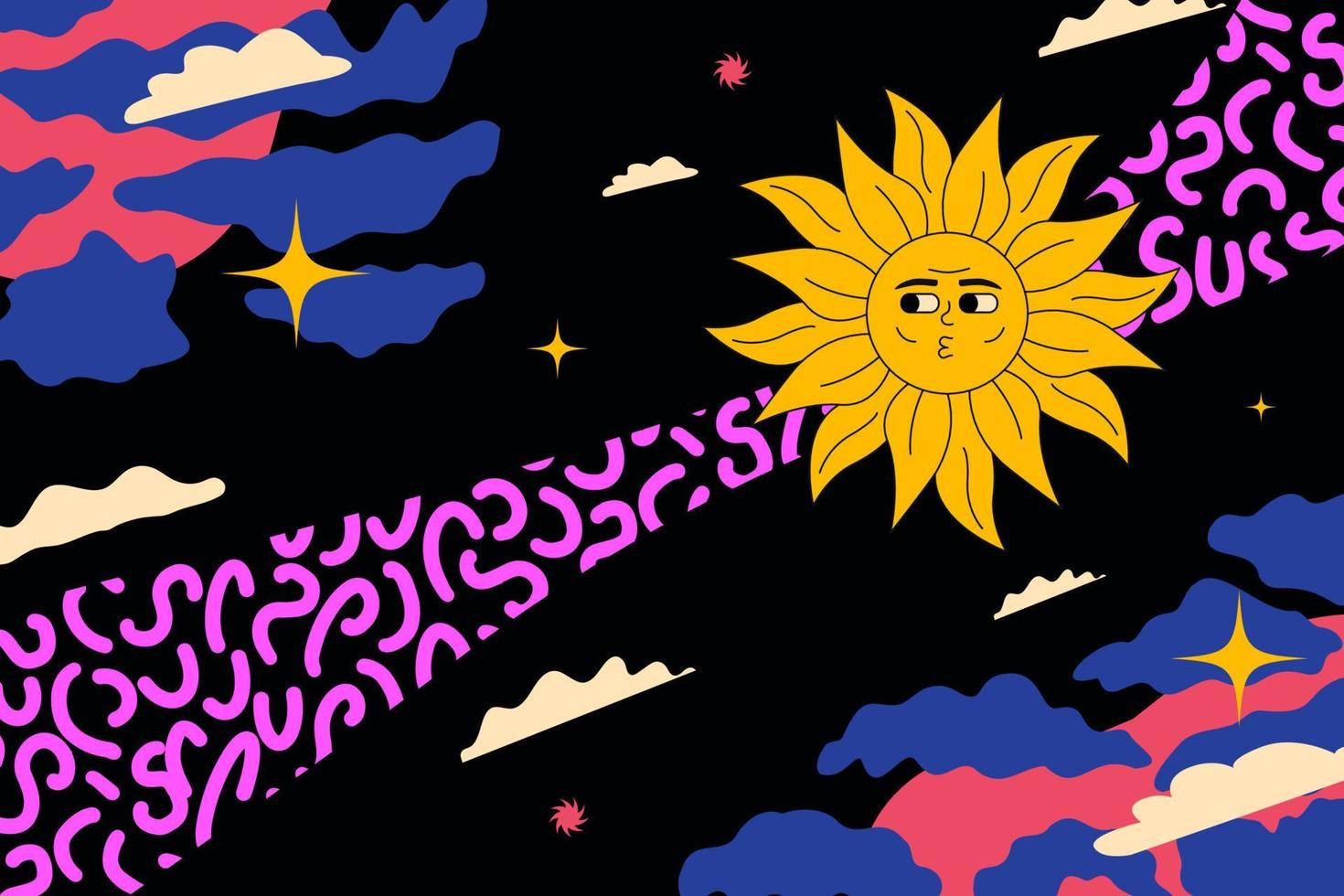 kitsch hippie abstract illustratie, vrolijk zon Aan de achtergrond van een zwart lucht in vlekken. psychedelisch zuur kunstwerk. vector