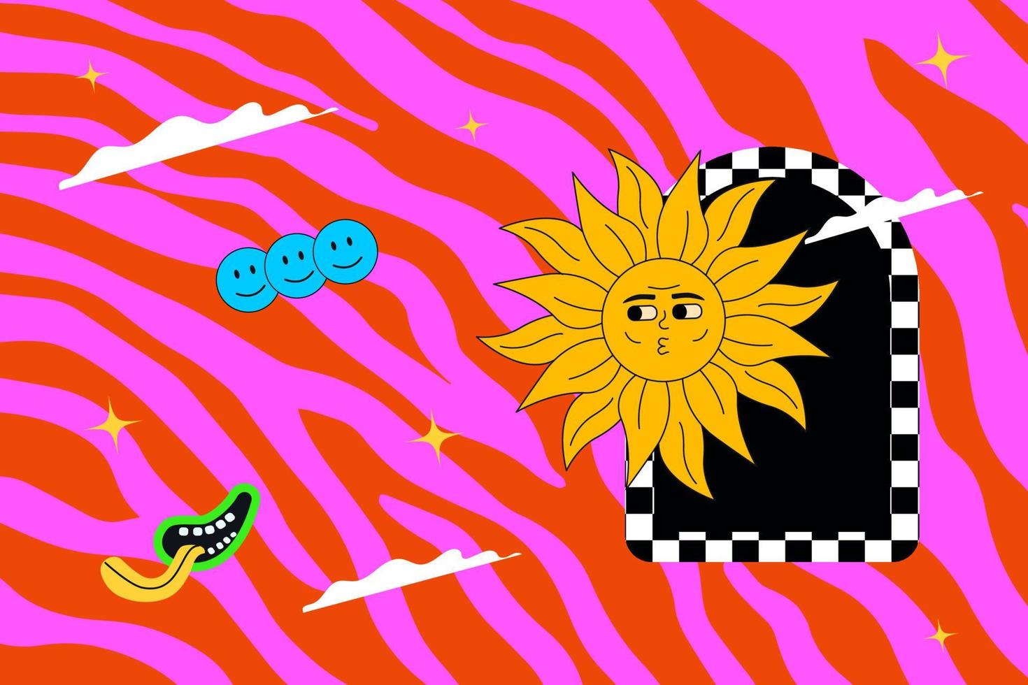 groovy en hippie abstract illustratie, vrolijk zon Aan de achtergrond van zuur zebra. psychedelisch artwork met emoji en boog. vector