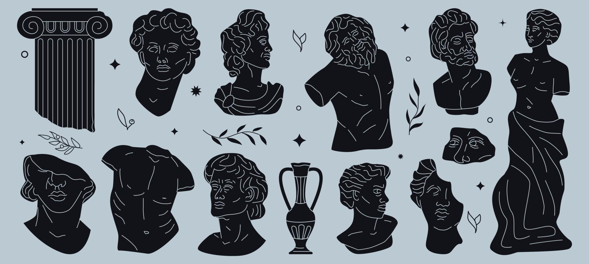 hedendaags hand- getrokken antiek sculpturen silhouet, reeks van mythologisch elementen. vector