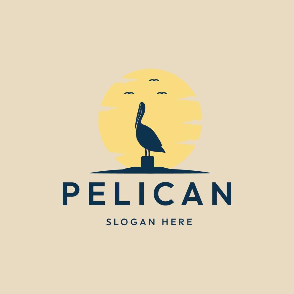 pelikaan vogel wijnoogst logo en symbool ,met zon vector illustratie ontwerp