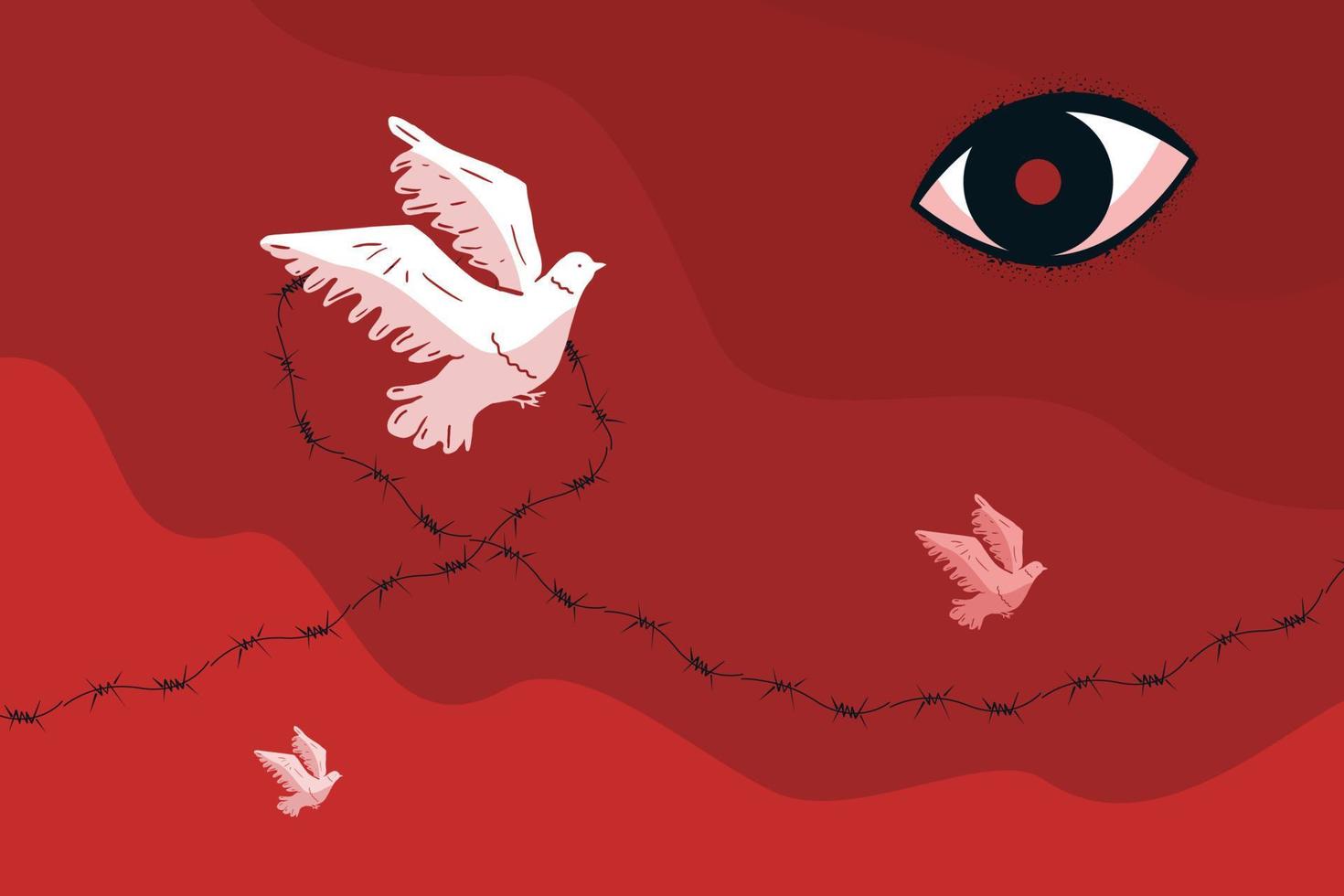wit duiven Aan een rood achtergrond omringd door met weerhaken draad, een symbool van protest en oppositie naar de dictatuur. een groot oog op zoek naar beneden van bovenstaand net zo een symbool van totaal controle van de regering. vector