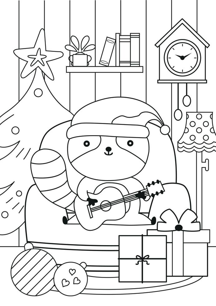 Kerstmis kleur bladzijde met schattig de kerstman wasbeer vector
