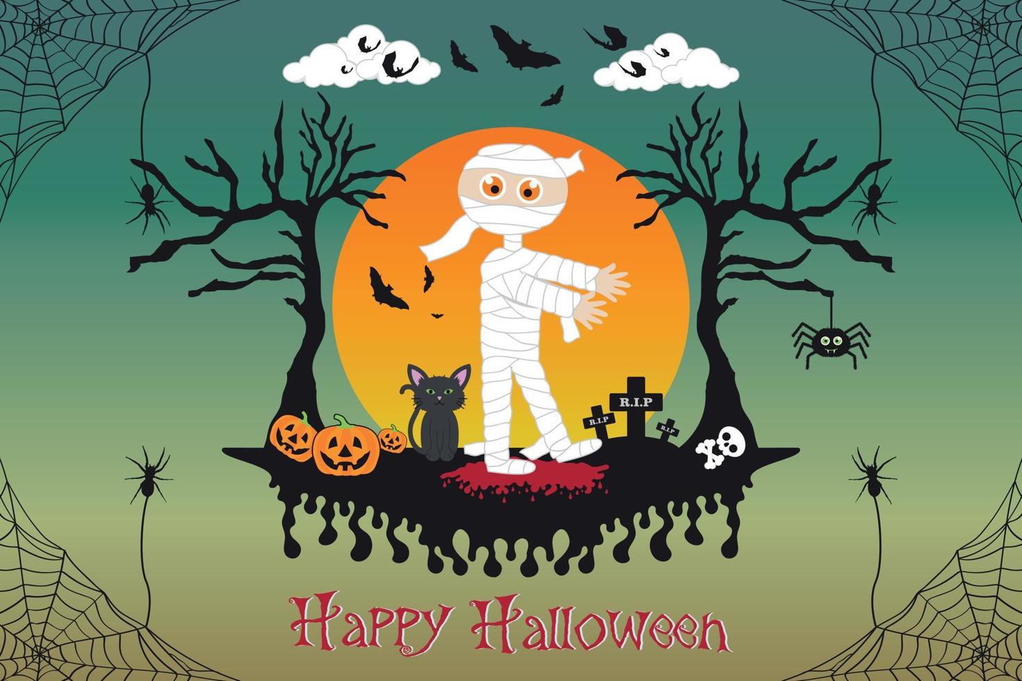 schattig mama Egypte gelukkig halloween karakter pompoen knuppel spookachtig bomen met vol maanlicht schaduw illustratie vector