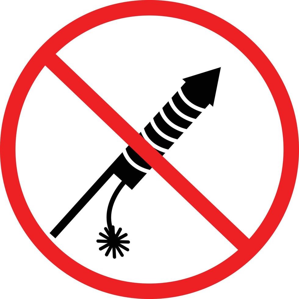 Nee vuurwerk verboden teken Aan wit achtergrond. Nee vuurwerk toegestaan symbool. verboden teken met vuurwerk raket glief. vlak stijl. vector