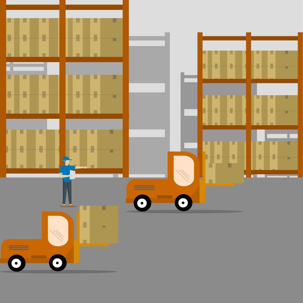 doos heftruck vrachtwagens naar worden geplaatst in magazijn hangar interieurs. opslagruimte Diensten, magazijn apparatuur, lading levering. vector illustratie.