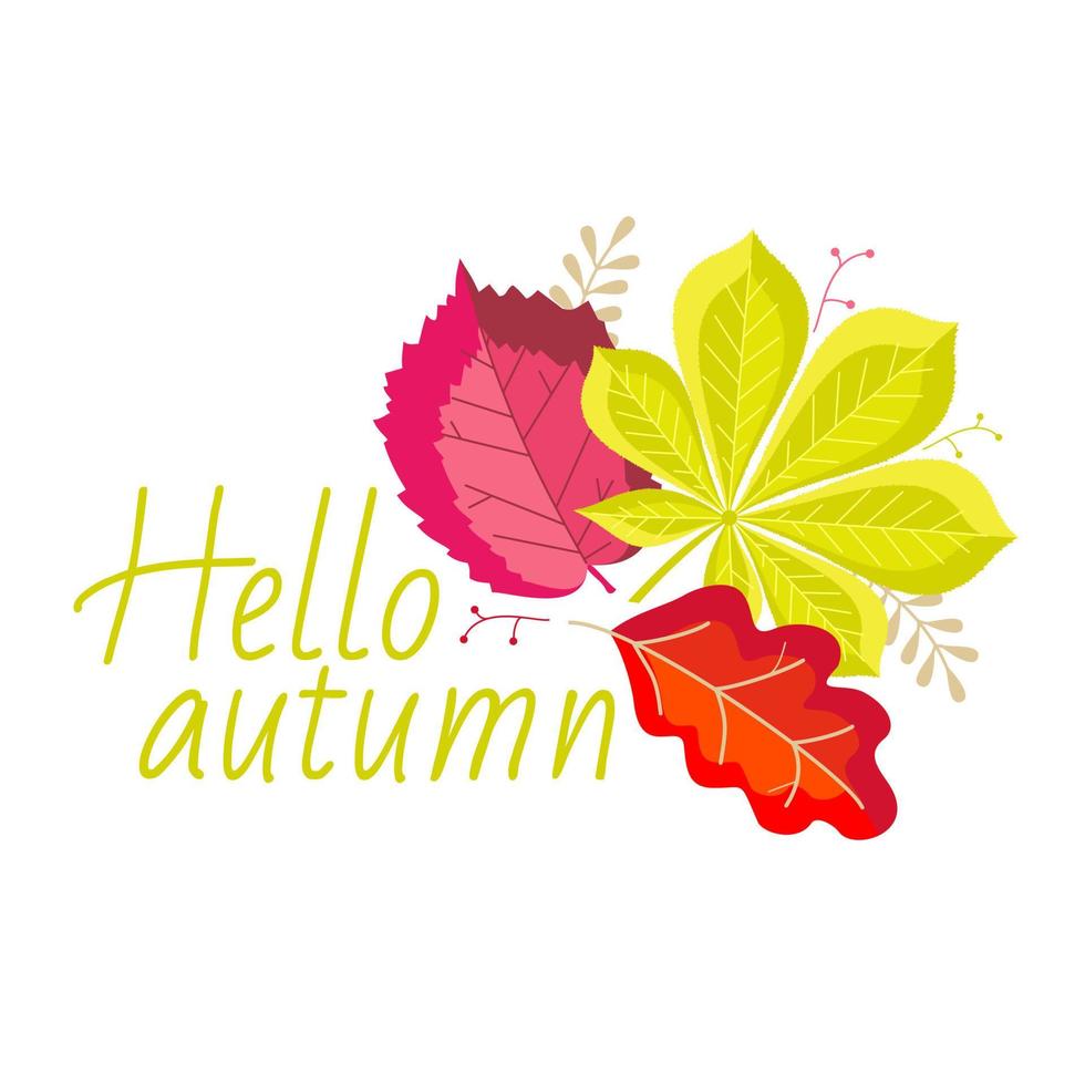 herfst bladeren van hazelnoot, eik en kastanje met de groet Hallo herfst. vector
