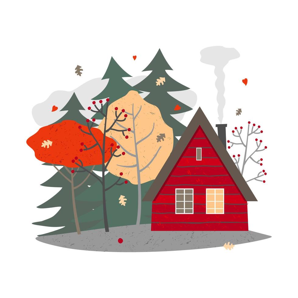 rood houten huis met verwarming tussen herfst bomen, blad val. vector